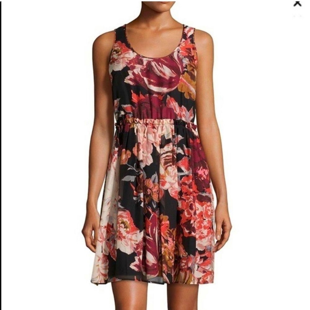 Elizabeth and James Floral Sleeveless Mini Dress - Black, Burgundy & Pink